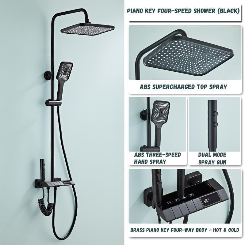 Black Shower System with LED Digital Display | Wall Mount Rain Mixer Combo Set | 4-Way Fixture with 12" Rain Head | 3-Mode Handheld | and Bidet - Image 4