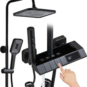 Black Shower System with LED Digital Display | Wall Mount Rain Mixer Combo Set | 4-Way Fixture with 12" Rain Head | 3-Mode Handheld | and Bidet