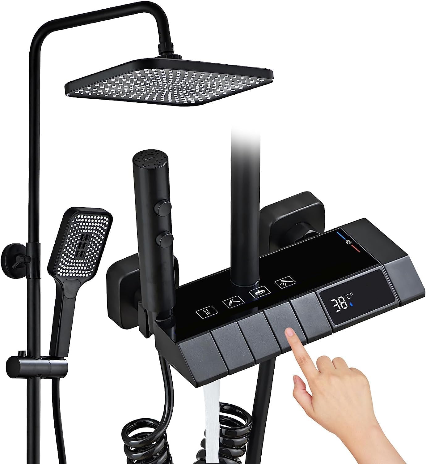 Black Shower System with LED Digital Display | Wall Mount Rain Mixer Combo Set | 4-Way Fixture with 12" Rain Head | 3-Mode Handheld | and Bidet