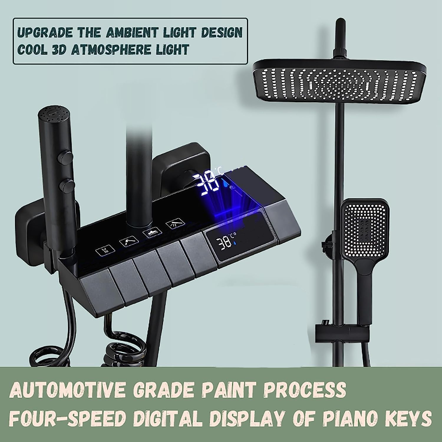 Black Shower System with LED Digital Display | Wall Mount Rain Mixer Combo Set | 4-Way Fixture with 12" Rain Head | 3-Mode Handheld | and Bidet - Image 3