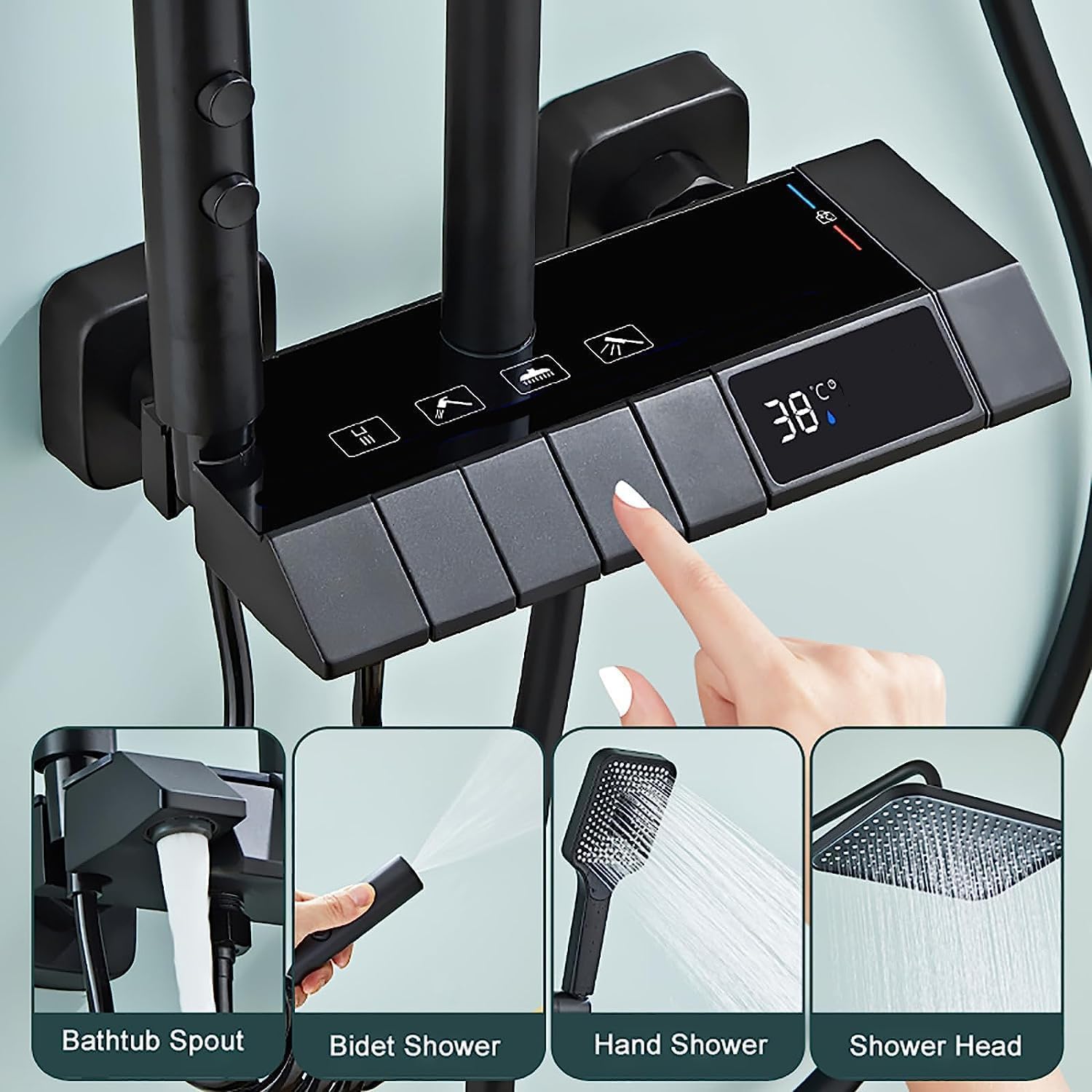 Black Shower System with LED Digital Display | Wall Mount Rain Mixer Combo Set | 4-Way Fixture with 12" Rain Head | 3-Mode Handheld | and Bidet - Image 2