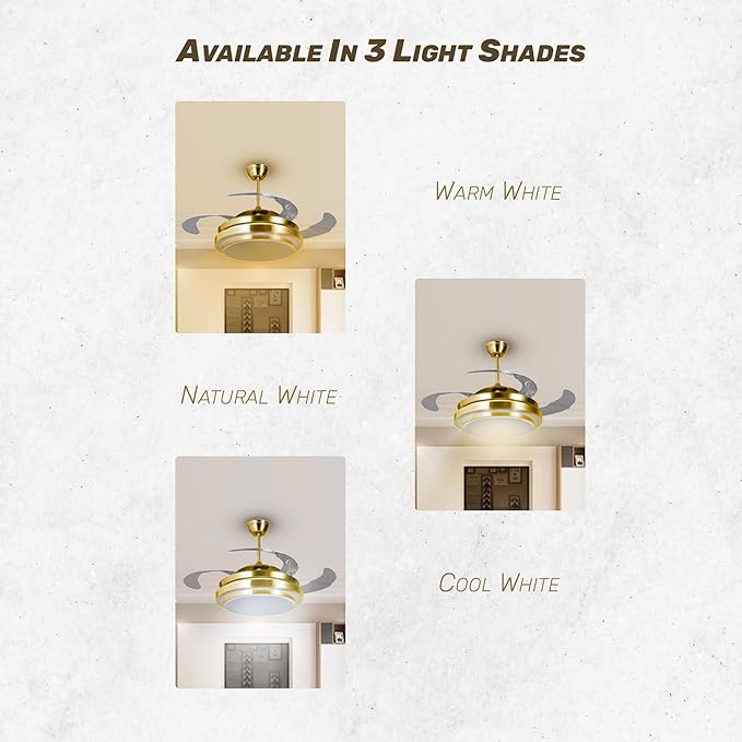 42” Modern Golden Ceiling Fan with LED Light & Remote Control | 65W Copper Motor | 3-Color Light | 3-Speed Noiseless Fan - Image 4