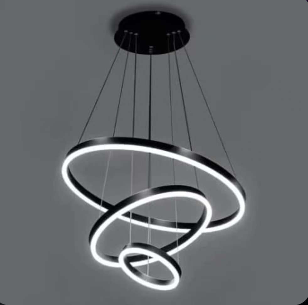 Luxury Black LED Chandelier with 3 Rings | Dimmable Modern Hanging Light for Living Room | UAE